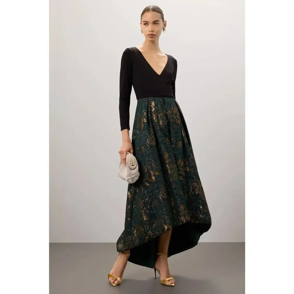 Hutch Marilyn Dress Long Sleeve Floral Jacquard Skirt Hi Lo Gown Black Green 14W